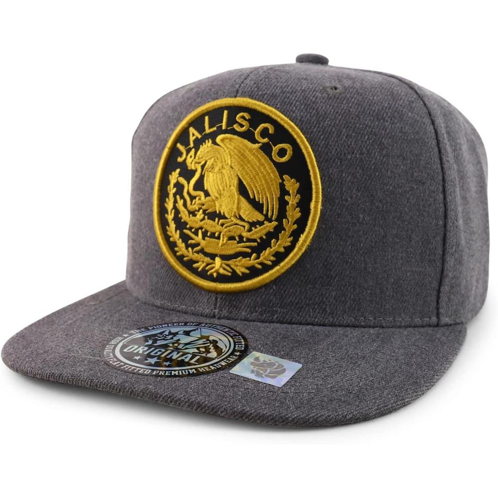 imageTrendy Apparel Shop Cities of Mexico Circular Logo Embroidered Flatbill Snapback Baseball CapJalisco Gold  Charcoal