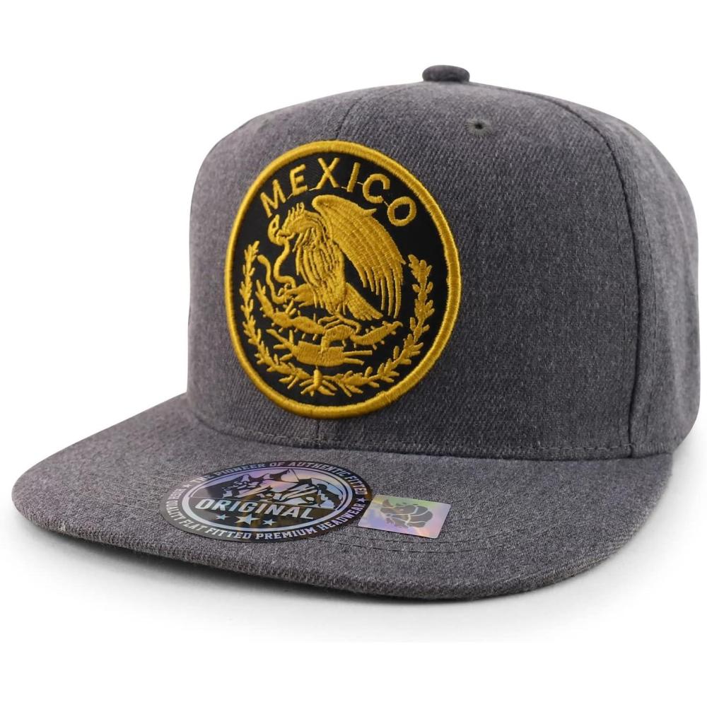 imageTrendy Apparel Shop Cities of Mexico Circular Logo Embroidered Flatbill Snapback Baseball CapMexico Gold  Charcoal