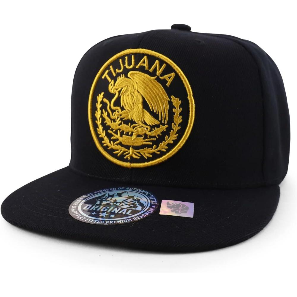 imageTrendy Apparel Shop Cities of Mexico Circular Logo Embroidered Flatbill Snapback Baseball CapTijuana Gold  Black