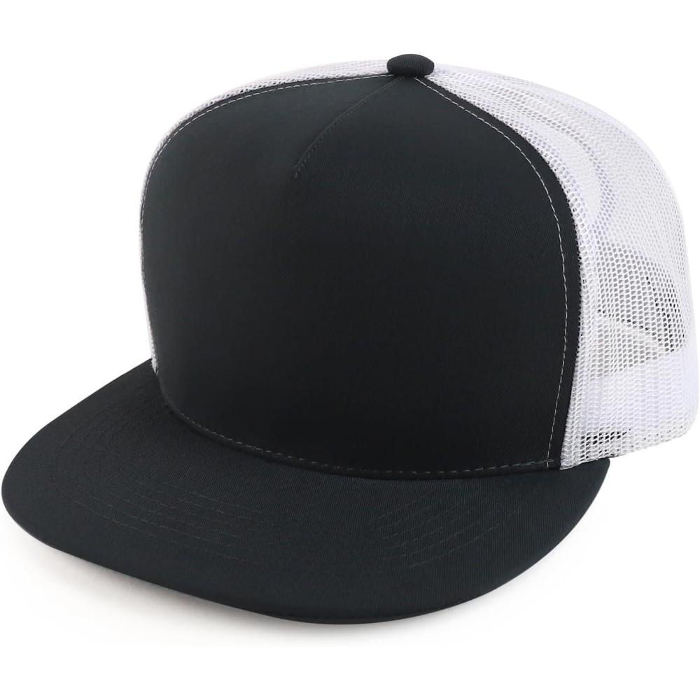 imageTrendy Apparel Shop Oversize XXL Plain 5 Panel Trucker Flat Bill Mesh Snapback CapBlack White