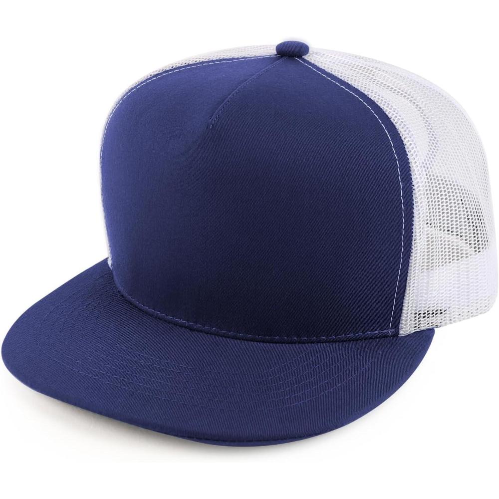imageTrendy Apparel Shop Oversize XXL Plain 5 Panel Trucker Flat Bill Mesh Snapback CapNavy White