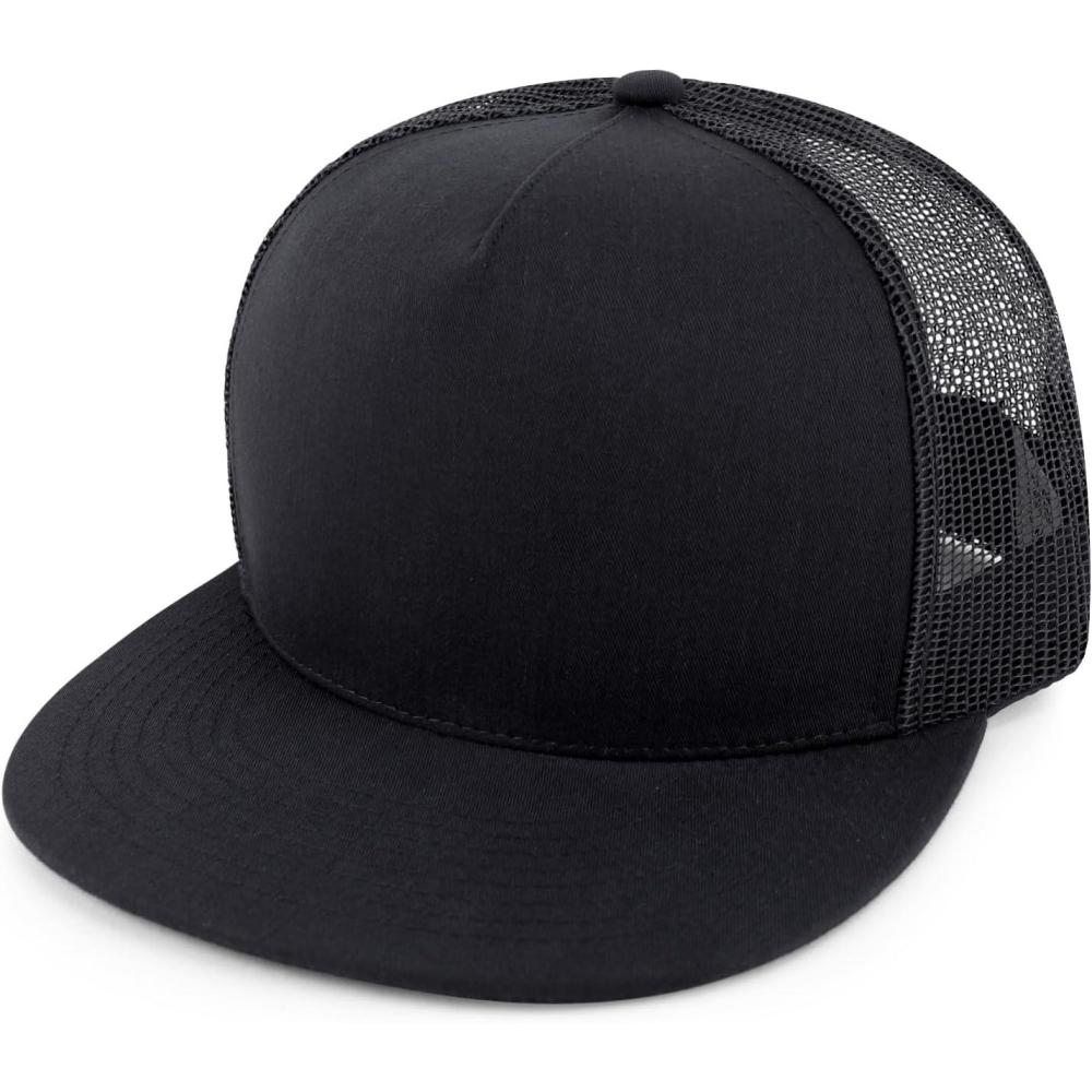 imageTrendy Apparel Shop Structured High Crown 5 Panel Round Flat Bill Trucker CapBlack