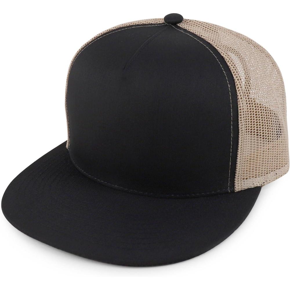 imageTrendy Apparel Shop Structured High Crown 5 Panel Round Flat Bill Trucker CapBlack Khaki