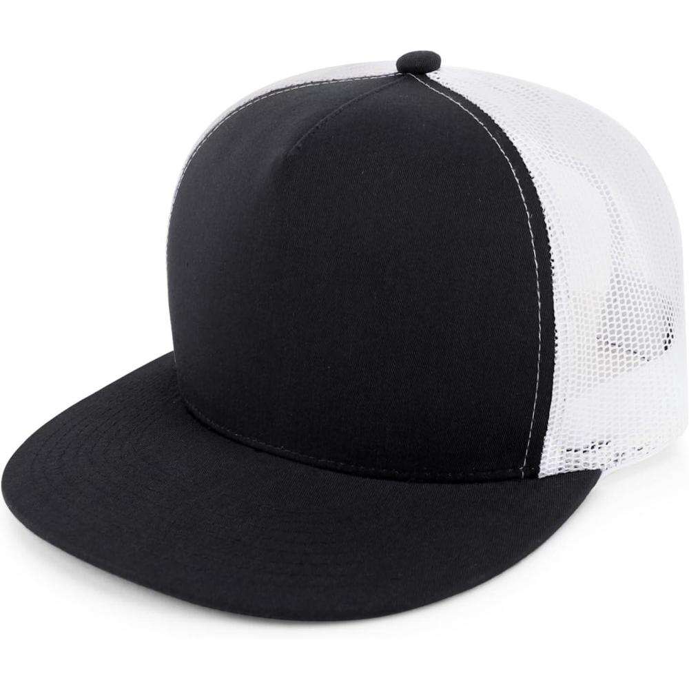imageTrendy Apparel Shop Structured High Crown 5 Panel Round Flat Bill Trucker CapBlack White