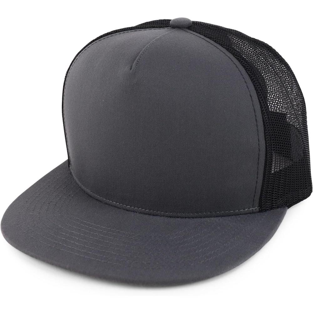 imageTrendy Apparel Shop Structured High Crown 5 Panel Round Flat Bill Trucker CapDark Grey Black