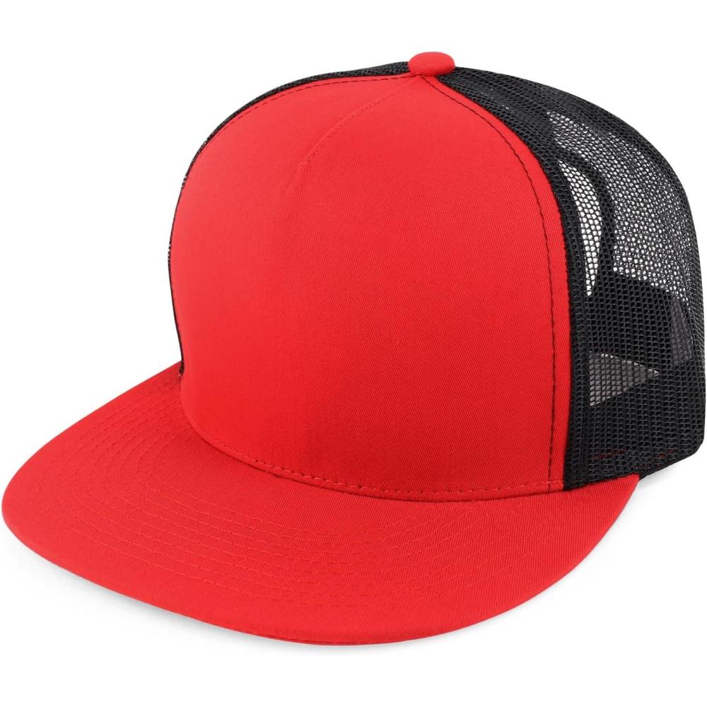 imageTrendy Apparel Shop Structured High Crown 5 Panel Round Flat Bill Trucker CapRed Black
