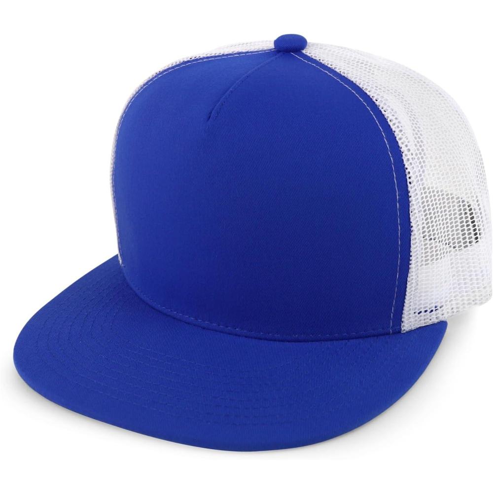 imageTrendy Apparel Shop Structured High Crown 5 Panel Round Flat Bill Trucker CapRoyal White