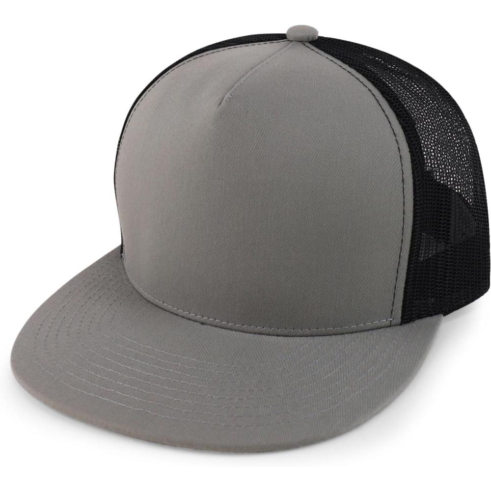 imageTrendy Apparel Shop Structured High Crown 5 Panel Round Flat Bill Trucker CapSilver Black