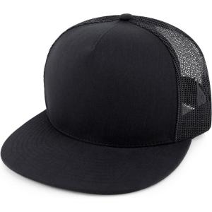 imageTrendy Apparel Shop Structured High Crown 5 Panel Round Flat Bill Trucker CapBlack