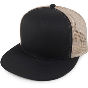 imageTrendy Apparel Shop Structured High Crown 5 Panel Round Flat Bill Trucker CapBlack Khaki