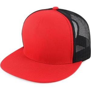 imageTrendy Apparel Shop Structured High Crown 5 Panel Round Flat Bill Trucker CapRed Black