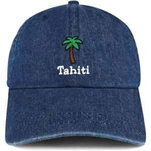 imageTrendy Apparel Shop Tahiti with Palm Tree Embroidered Cotton Denim Baseball CapDark Blue