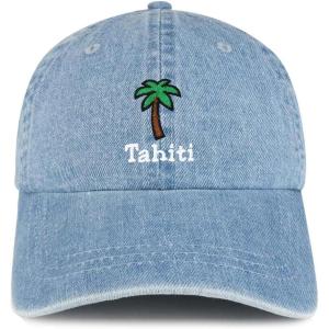 imageTrendy Apparel Shop Tahiti with Palm Tree Embroidered Cotton Denim Baseball CapLight Blue