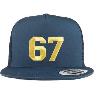 imageTrendy Apparel Shop Number 67 Gold Thread Embroidered Flat Bill 5 Panel Trucker CapNavy