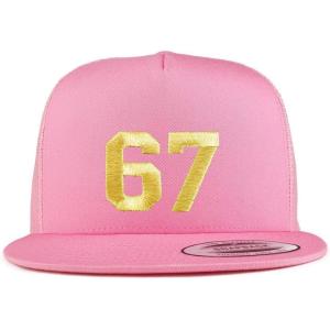 imageTrendy Apparel Shop Number 67 Gold Thread Embroidered Flat Bill 5 Panel Trucker CapPink