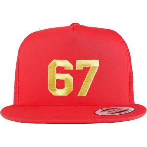 imageTrendy Apparel Shop Number 67 Gold Thread Embroidered Flat Bill 5 Panel Trucker CapRed