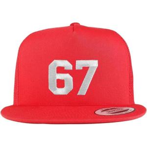imageTrendy Apparel Shop Number 67 White Thread Embroidered Flat Bill 5 Panel Trucker CapRed