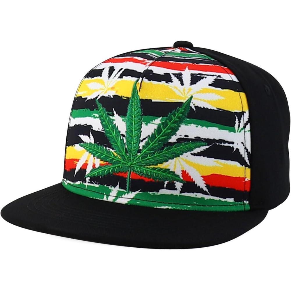 imageTrendy Apparel Shop Rasta Marijuana Leaf Weed 3D Embroidered Flat Bill Snapback CapRainbow Black 1