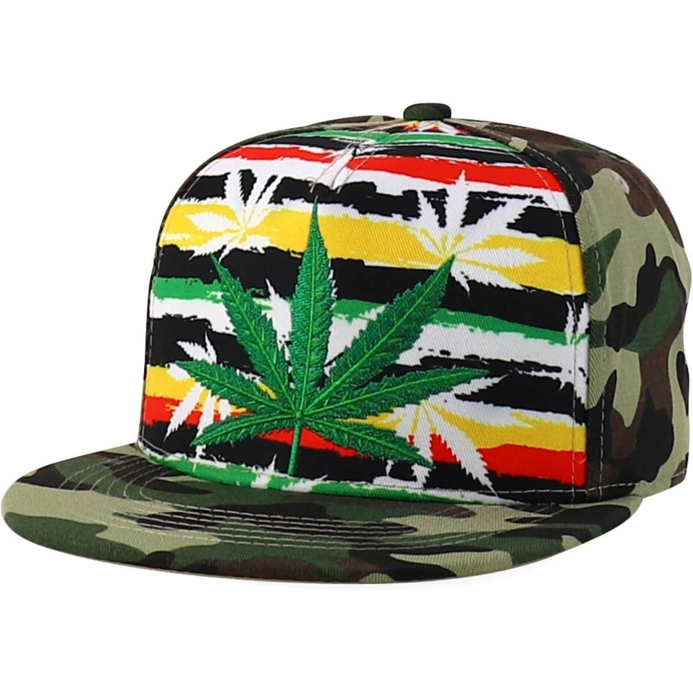 imageTrendy Apparel Shop Rasta Marijuana Leaf Weed 3D Embroidered Flat Bill Snapback CapRainbow Camo1