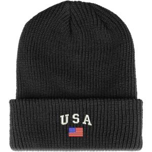 imageTrendy Apparel Shop American Flag and USA Embroidered Ribbed Cuffed Knit BeanieDark Grey