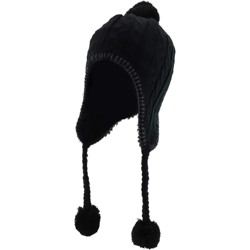 imageTrendy Apparel Shop Pom Pom Winter Ear Flaps Soft Fuzzy Peruvian Beanie HatBlack