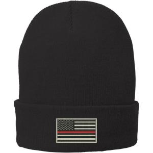 imageTrendy Apparel Shop US American Flag Thin Red Line Fire FD Embroidered Winter Folded Long BeanieBlack