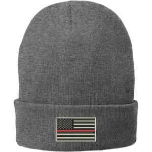 imageTrendy Apparel Shop US American Flag Thin Red Line Fire FD Embroidered Winter Folded Long BeanieGrey