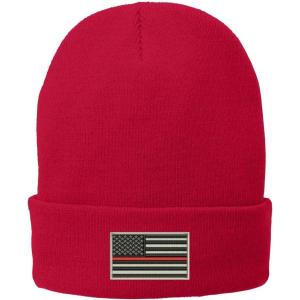 imageTrendy Apparel Shop US American Flag Thin Red Line Fire FD Embroidered Winter Folded Long BeanieRed