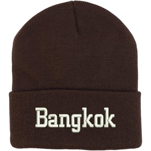 image:imageBangkok White Thread Embroidered Long Cuff BeanieBrown