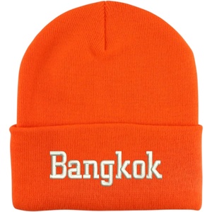 image:imageBangkok White Thread Embroidered Long Cuff BeanieNeon Orange