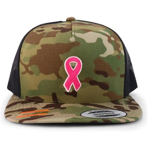 image:imageTrendy Apparel Shop Breast Cancer Awareness Pink Ribbon Patch 5 Panel Flatbill Trucker CapMulticam Black