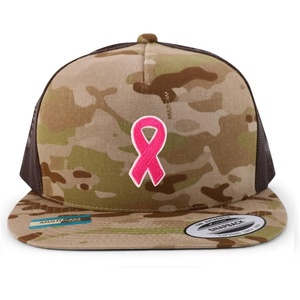 image:imageTrendy Apparel Shop Breast Cancer Awareness Pink Ribbon Patch 5 Panel Flatbill Trucker CapMulticam Brown