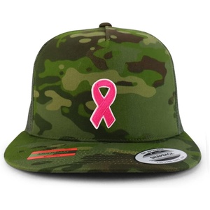 image:imageTrendy Apparel Shop Breast Cancer Awareness Pink Ribbon Patch 5 Panel Flatbill Trucker CapMulticam Green