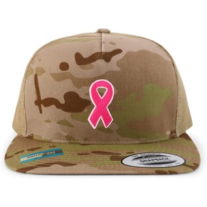 image:imageTrendy Apparel Shop Breast Cancer Awareness Pink Ribbon Patch 5 Panel Flatbill Trucker CapMulticam Tan
