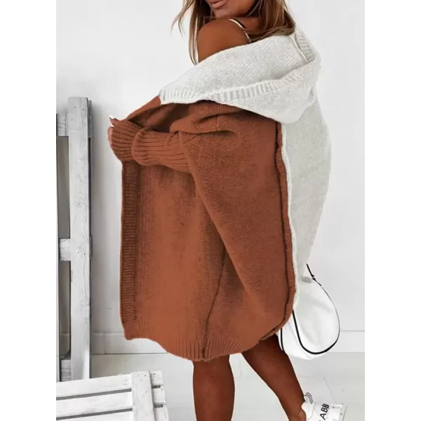 imageAstylish Women 2024 Open Front Long Sleeve Hooded Knit Cardigan Sweaters Color Block Outwear CoatBrown