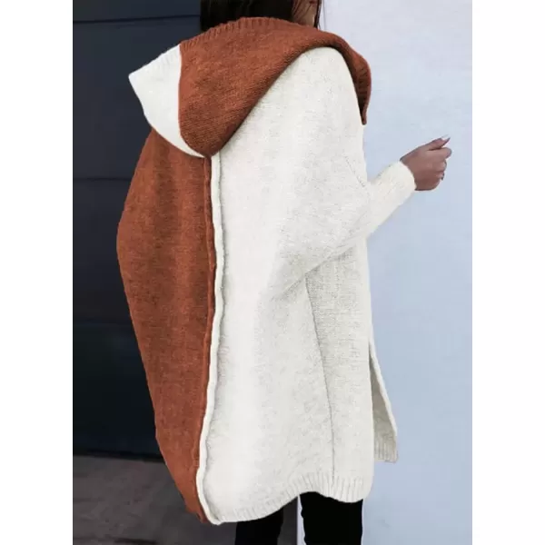 imageAstylish Women 2024 Open Front Long Sleeve Hooded Knit Cardigan Sweaters Color Block Outwear CoatBrown