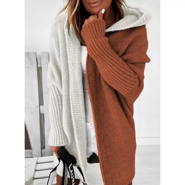 imageAstylish Women 2024 Open Front Long Sleeve Hooded Knit Cardigan Sweaters Color Block Outwear CoatBrown
