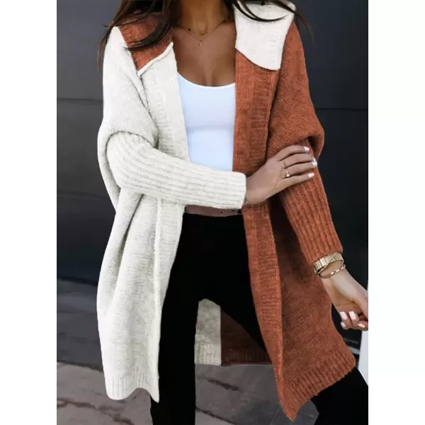 imageAstylish Women 2024 Open Front Long Sleeve Hooded Knit Cardigan Sweaters Color Block Outwear CoatBrown