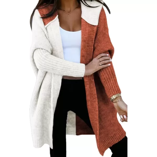 imageAstylish Women 2024 Open Front Long Sleeve Hooded Knit Cardigan Sweaters Color Block Outwear CoatBrown
