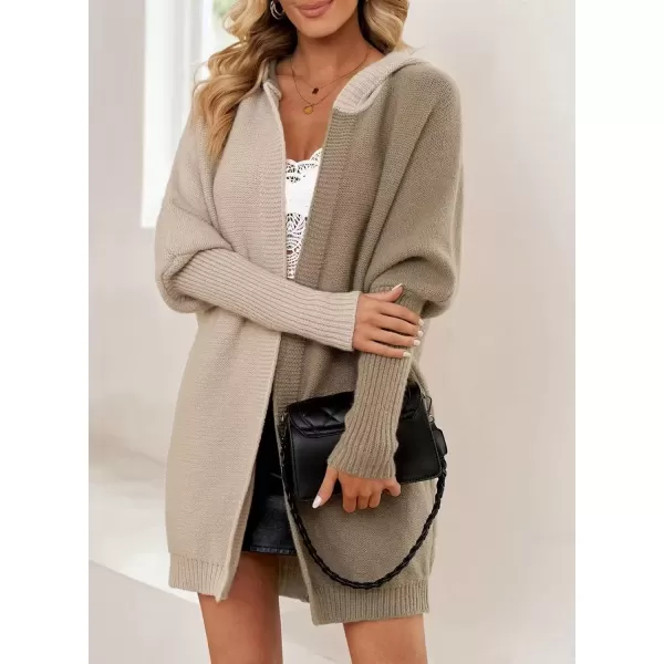 imageAstylish Women 2024 Open Front Long Sleeve Hooded Knit Cardigan Sweaters Color Block Outwear CoatDeep Khaki