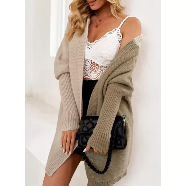 imageAstylish Women 2024 Open Front Long Sleeve Hooded Knit Cardigan Sweaters Color Block Outwear CoatDeep Khaki