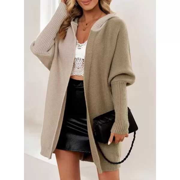 imageAstylish Women 2024 Open Front Long Sleeve Hooded Knit Cardigan Sweaters Color Block Outwear CoatDeep Khaki