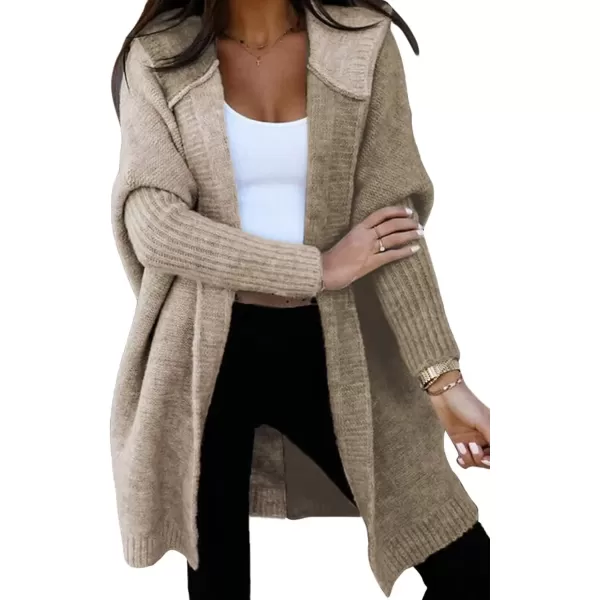 imageAstylish Women 2024 Open Front Long Sleeve Hooded Knit Cardigan Sweaters Color Block Outwear CoatDeep Khaki