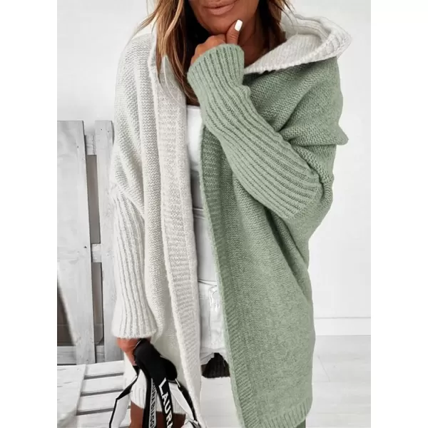 imageAstylish Women 2024 Open Front Long Sleeve Hooded Knit Cardigan Sweaters Color Block Outwear CoatGreen