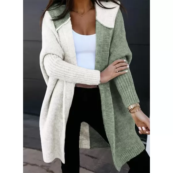 imageAstylish Women 2024 Open Front Long Sleeve Hooded Knit Cardigan Sweaters Color Block Outwear CoatGreen
