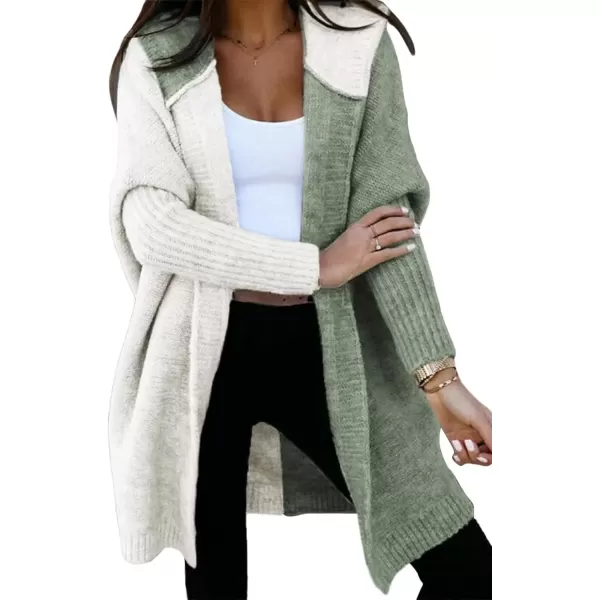 imageAstylish Women 2024 Open Front Long Sleeve Hooded Knit Cardigan Sweaters Color Block Outwear CoatGreen