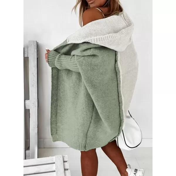imageAstylish Women 2024 Open Front Long Sleeve Hooded Knit Cardigan Sweaters Color Block Outwear CoatGreen
