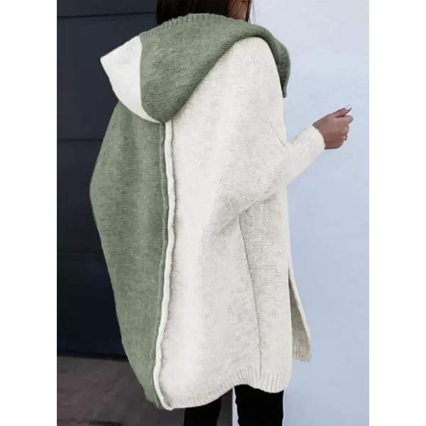 imageAstylish Women 2024 Open Front Long Sleeve Hooded Knit Cardigan Sweaters Color Block Outwear CoatGreen