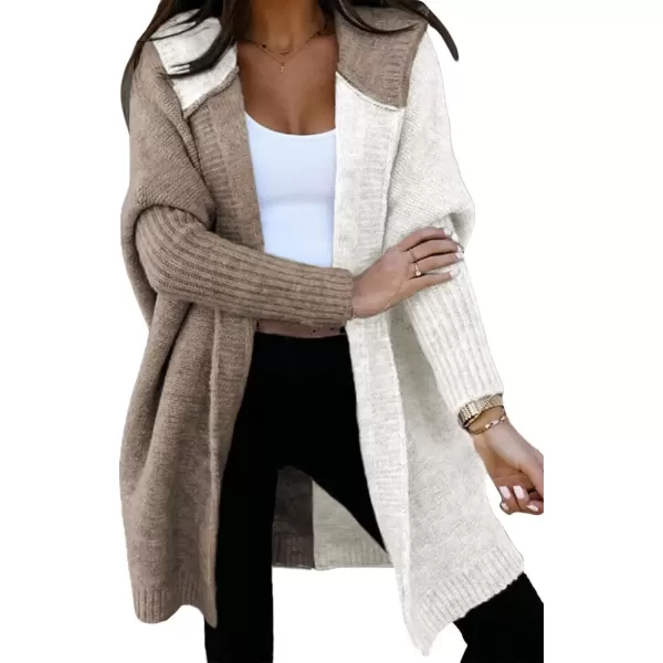 imageAstylish Women 2024 Open Front Long Sleeve Hooded Knit Cardigan Sweaters Color Block Outwear CoatKhaki