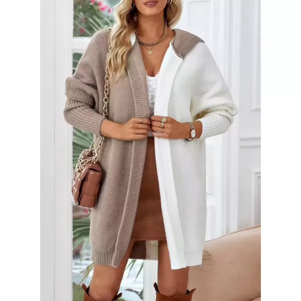 imageAstylish Women 2024 Open Front Long Sleeve Hooded Knit Cardigan Sweaters Color Block Outwear CoatKhaki